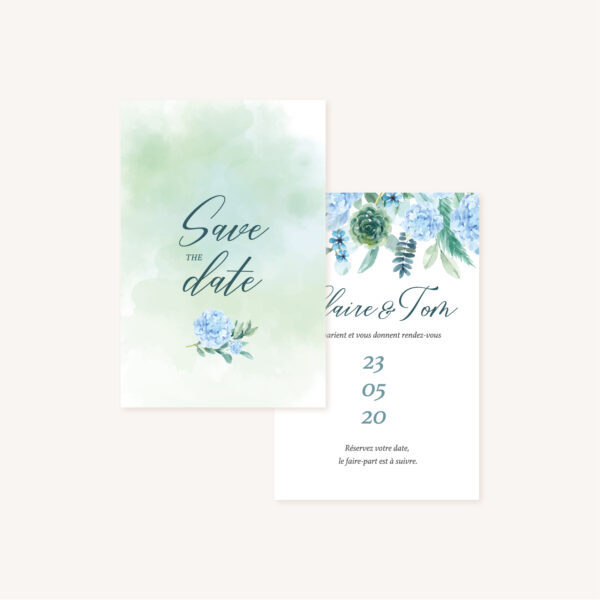 Faire-part mariage floral fleurs bleues hortensia papeterie jardin bleu