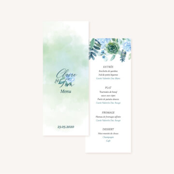 Faire-part mariage floral fleurs bleues hortensia papeterie jardin bleu