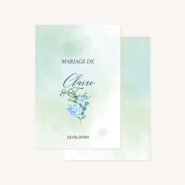 Faire-part mariage floral fleurs bleues hortensia papeterie jardin bleu