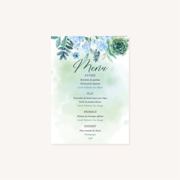 Faire-part mariage floral fleurs bleues hortensia papeterie jardin bleu