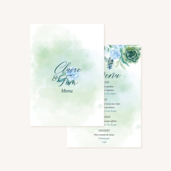 Faire-part mariage floral fleurs bleues hortensia papeterie jardin bleu