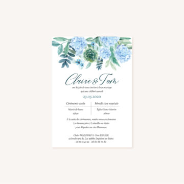 Faire-part mariage floral fleurs bleues hortensia papeterie jardin bleu