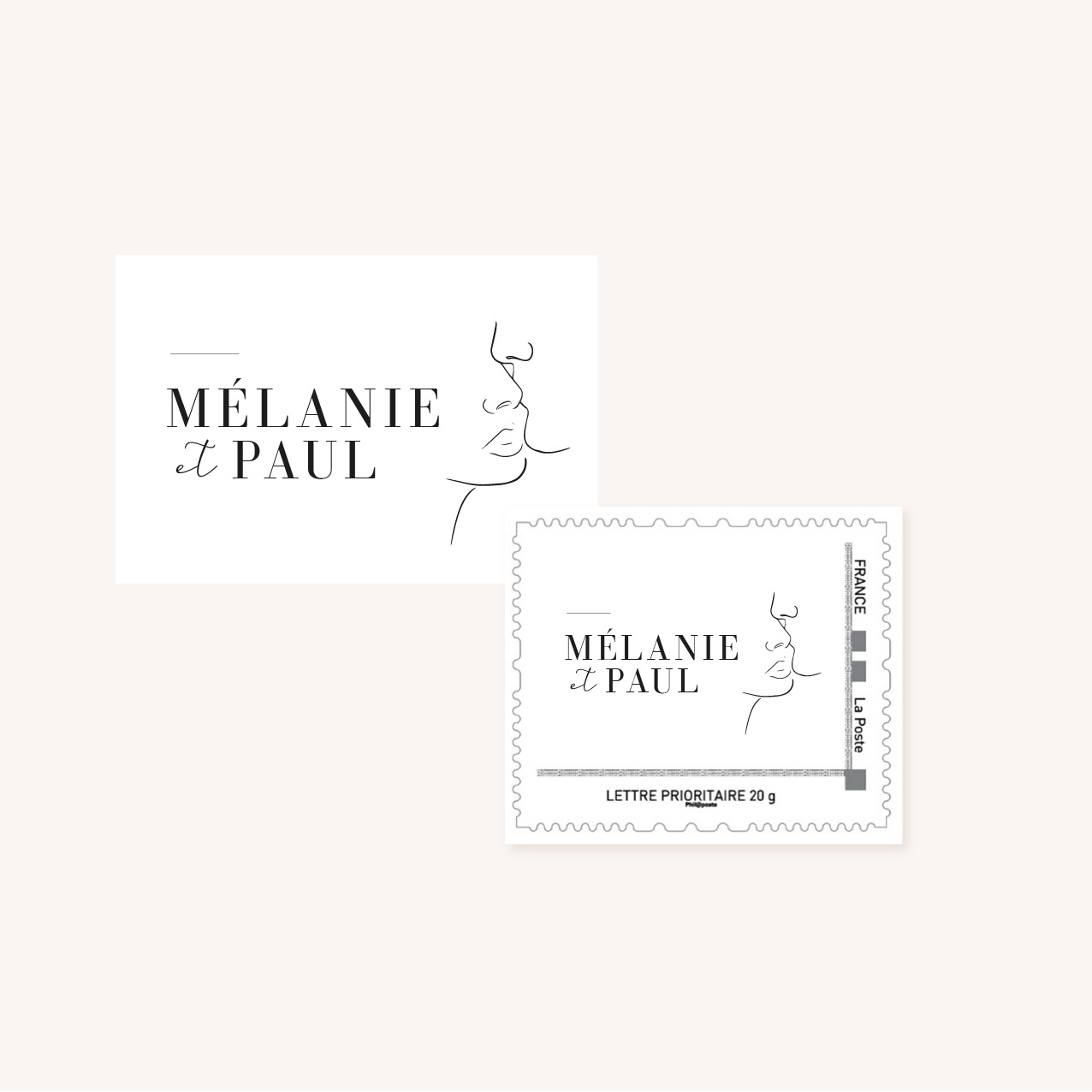 Faire-part mariage one line art visages couple blanc