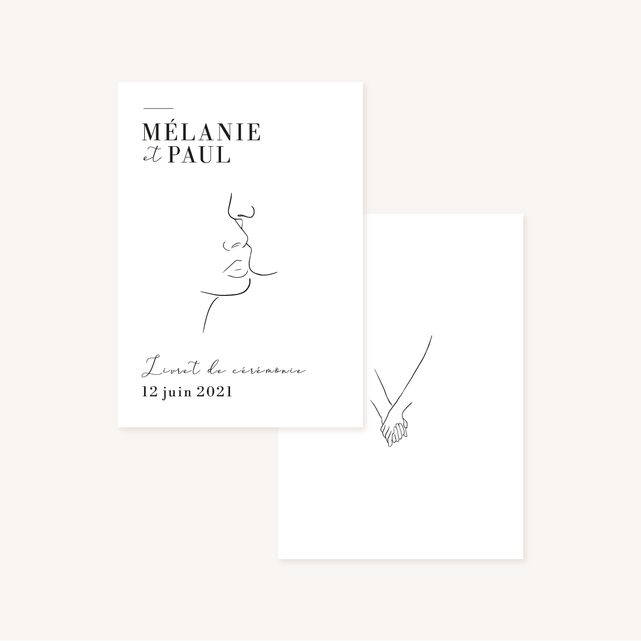 Faire-part mariage one line art visages couple blanc
