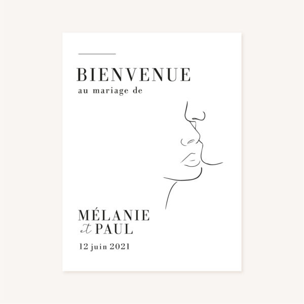 Faire-part mariage one line art visages couple-blanc