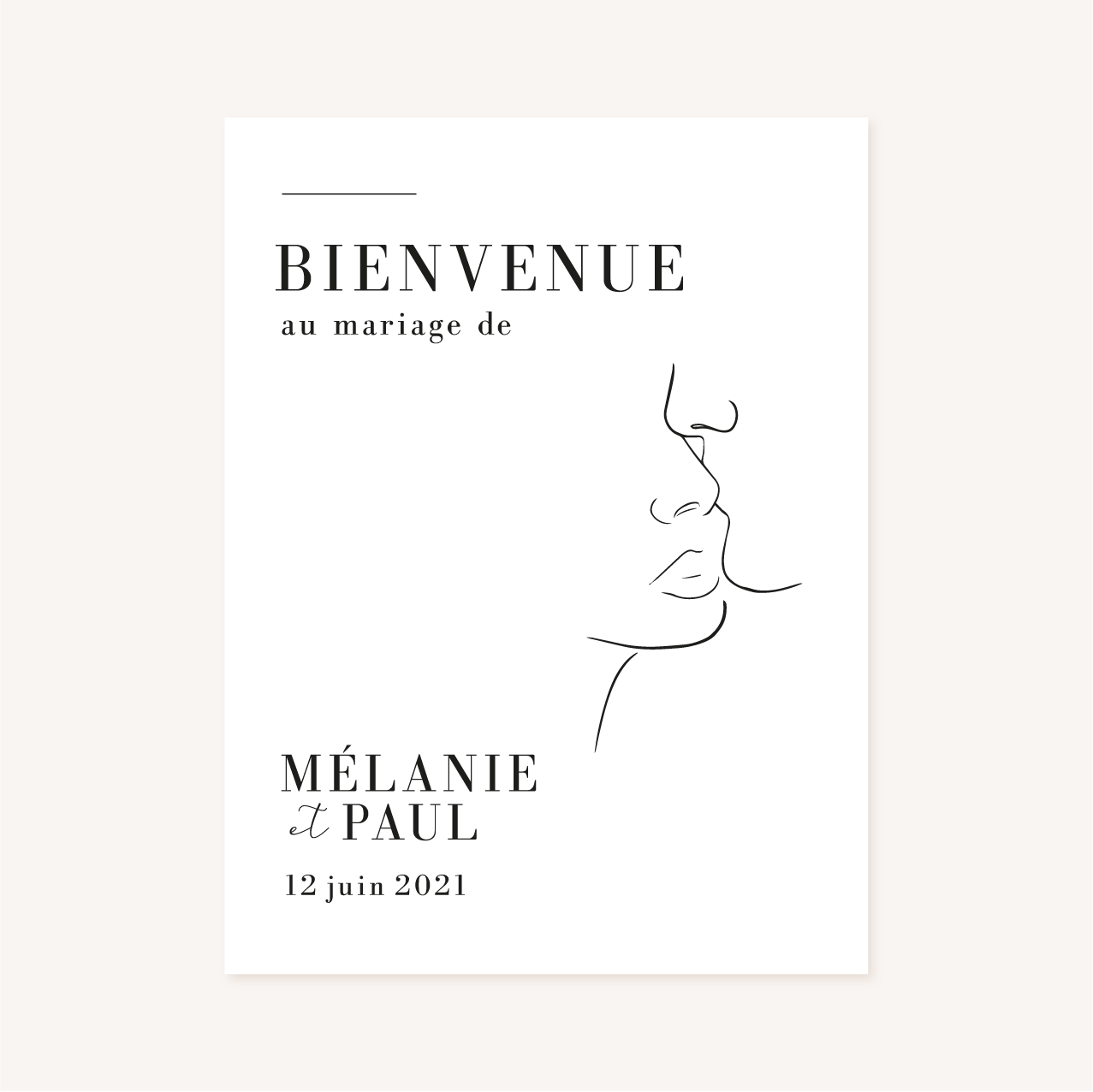 Faire-part mariage one line art visages couple-blanc
