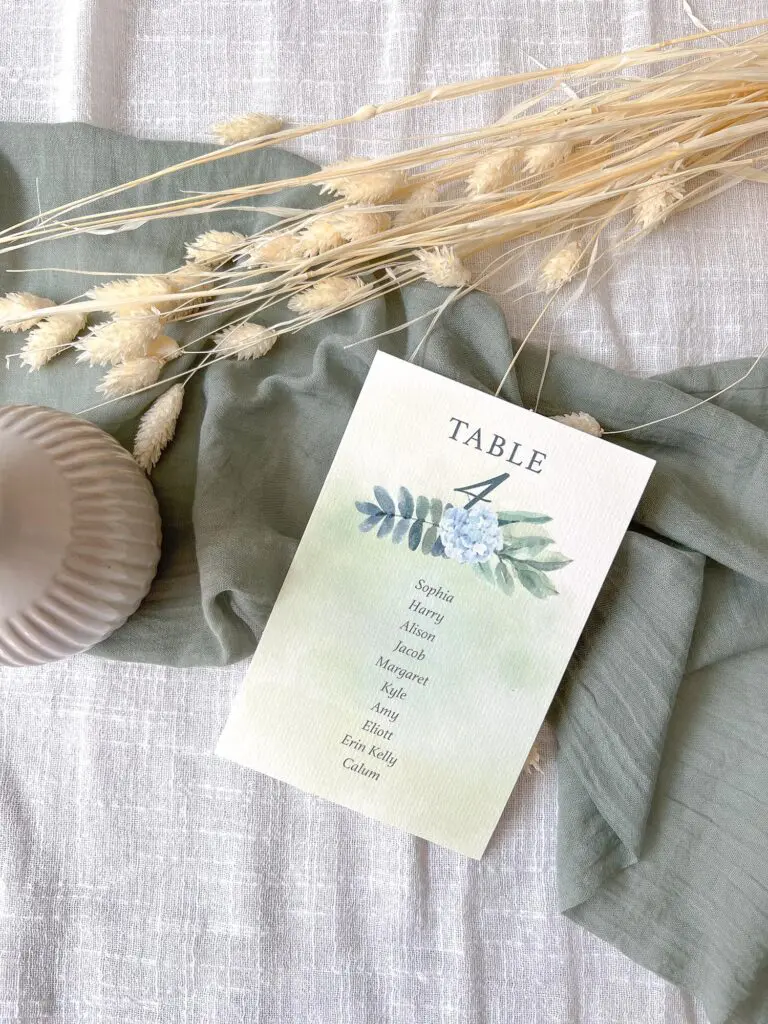 Faire-part mariage fleurs bleues hortensias bleu vert aquarelle