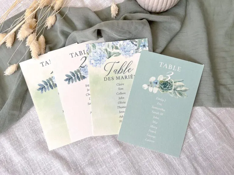 Faire-part mariage fleurs bleues hortensias bleu vert aquarelle