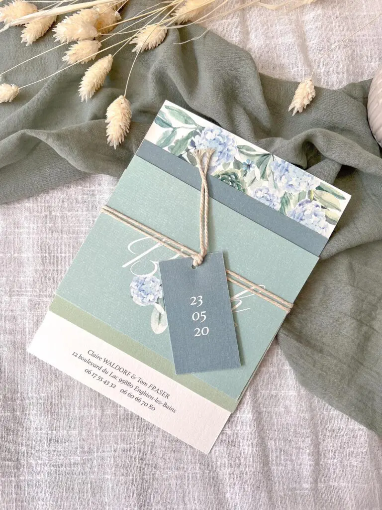 Faire-part mariage fleurs bleues hortensias bleu vert aquarelle