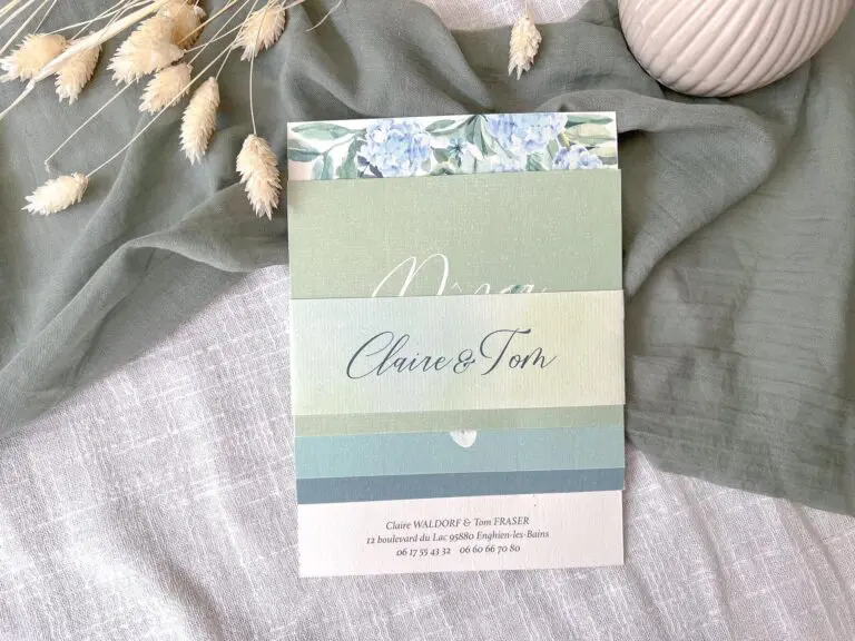 Faire-part mariage fleurs bleues hortensias bleu vert aquarelle