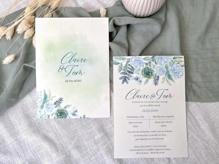 Faire-part mariage fleurs bleues hortensias bleu vert aquarelle