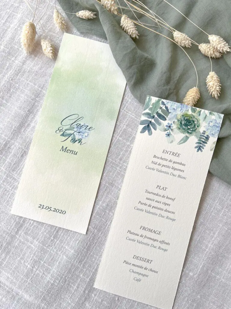 Faire-part mariage fleurs bleues hortensias bleu vert aquarelle