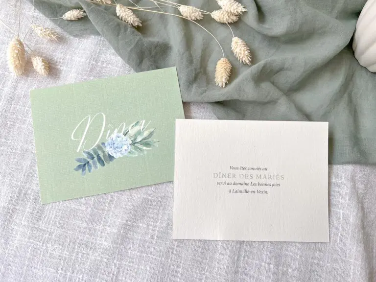 Faire-part mariage fleurs bleues hortensias bleu vert aquarelle