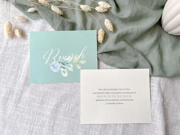 Faire-part mariage fleurs bleues hortensias bleu vert aquarelle