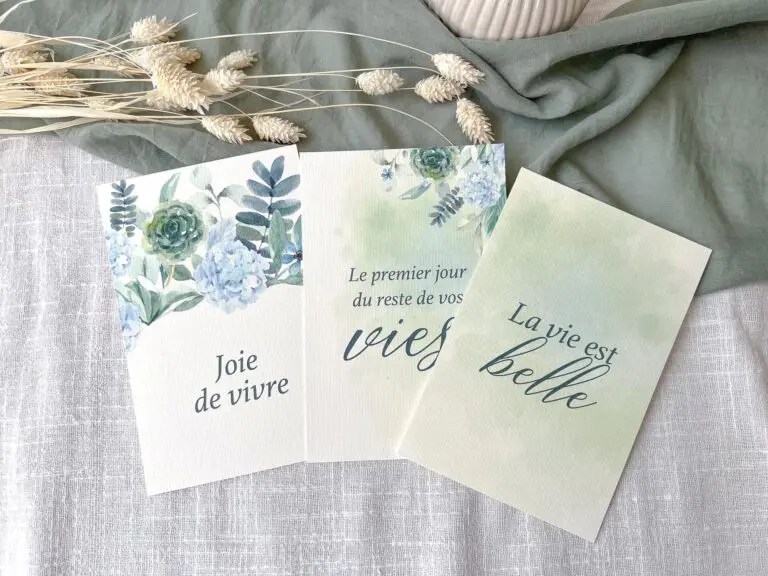 Faire-part mariage fleurs bleues hortensias bleu vert aquarelle