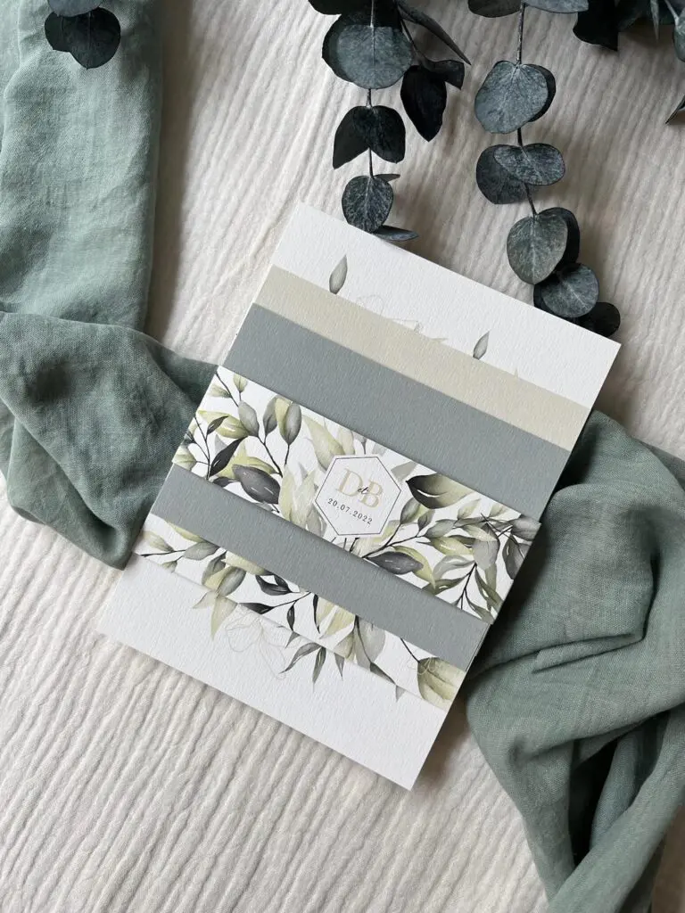 Faire-part mariage végétal eucalyptus vert feuillage papeterie