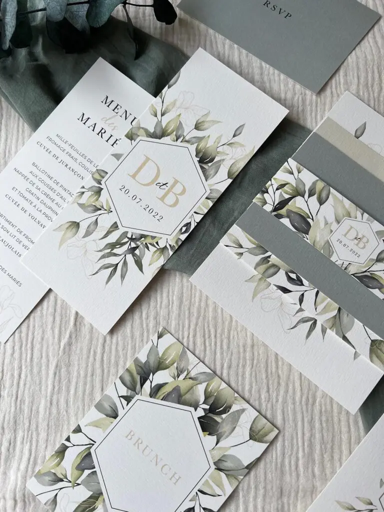 Faire-part mariage végétal eucalyptus vert feuillage papeterie
