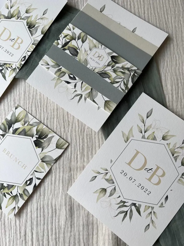 Faire-part mariage végétal eucalyptus vert feuillage papeterie