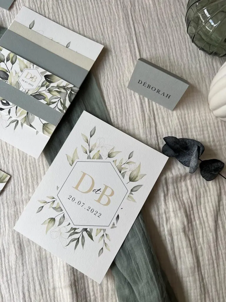 Faire-part mariage végétal eucalyptus vert feuillage papeterie