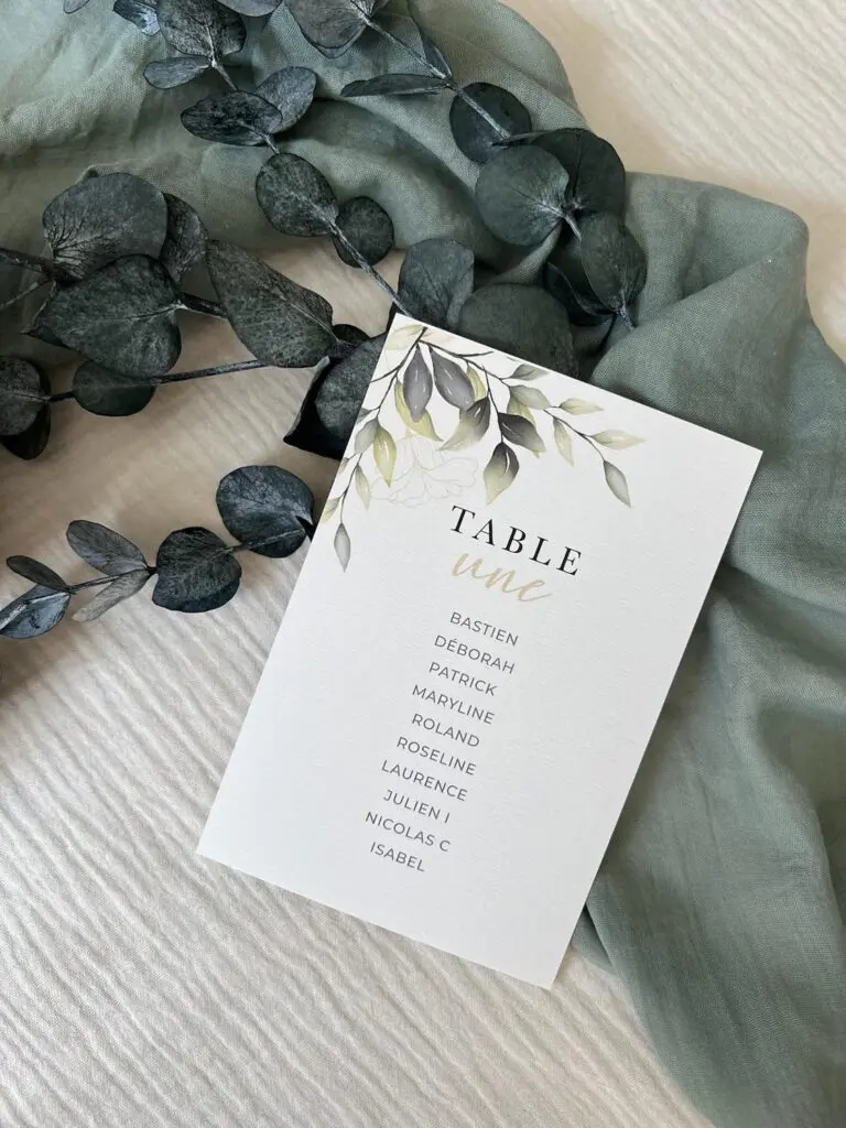 Faire-part mariage végétal eucalyptus vert feuillage papeterie