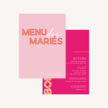 Menu mariage Néon mariage rose fuchsia jaune disco