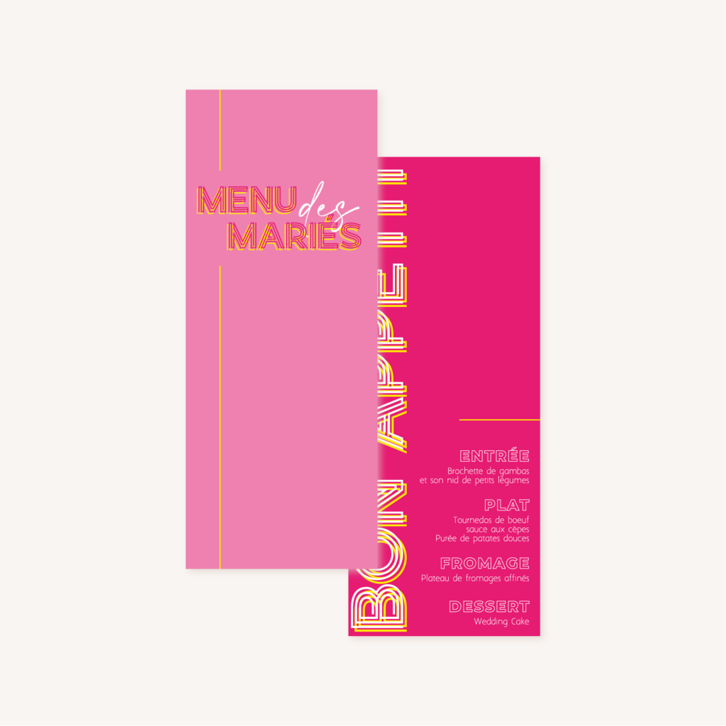 Menu mariage Néon mariage rose fuchsia jaune disco