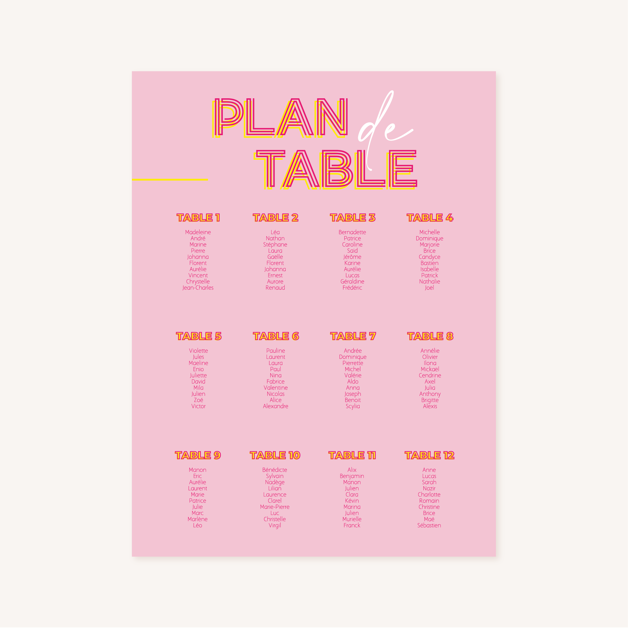 Plan de table mariage néon rose fuchsia et jaune