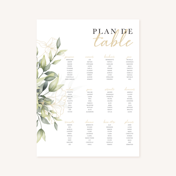 Plan de table faire-part eucalyptus vegetal nature mariage