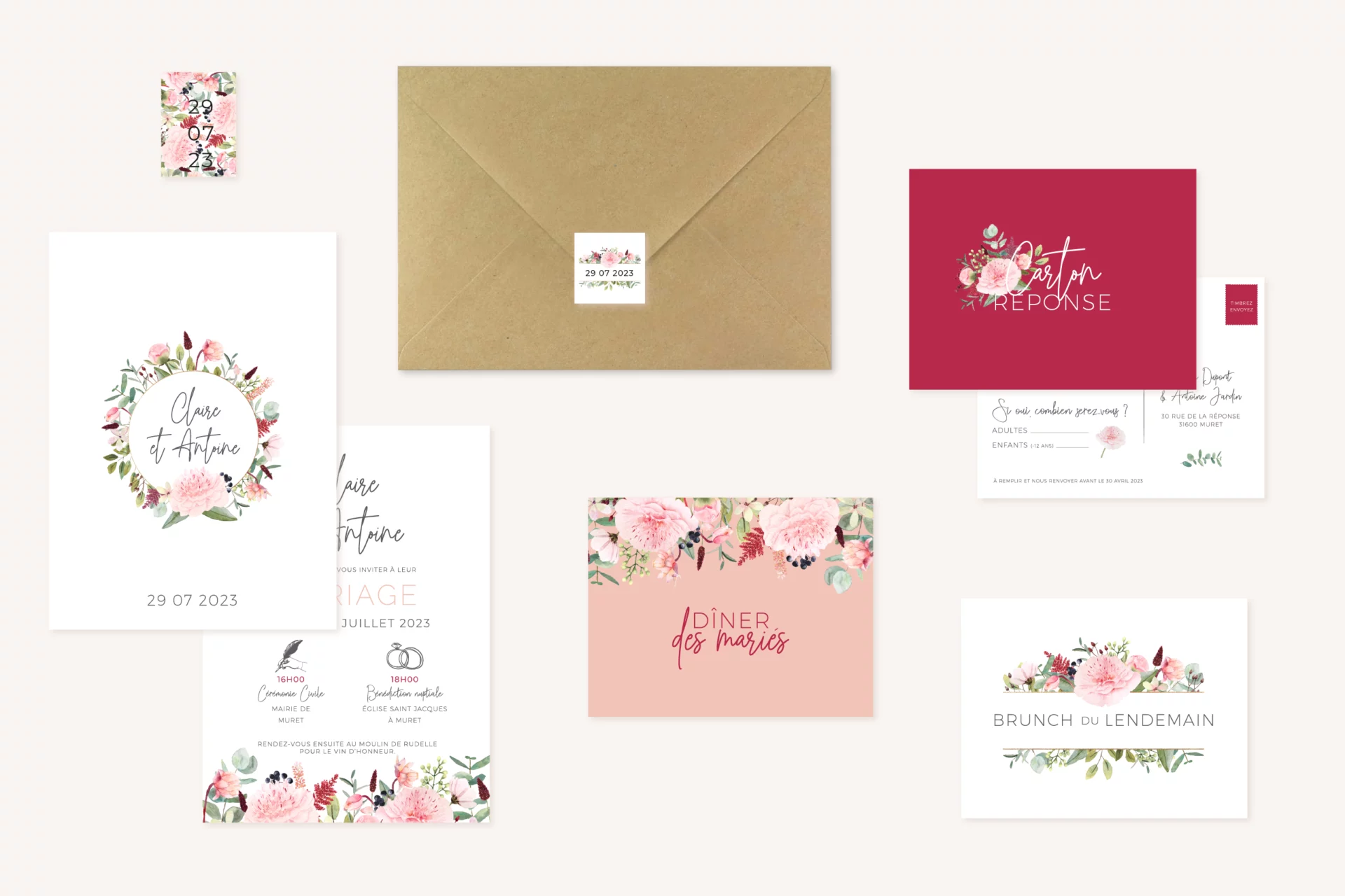 Faire-part mariage pivoine fleur rose rouge