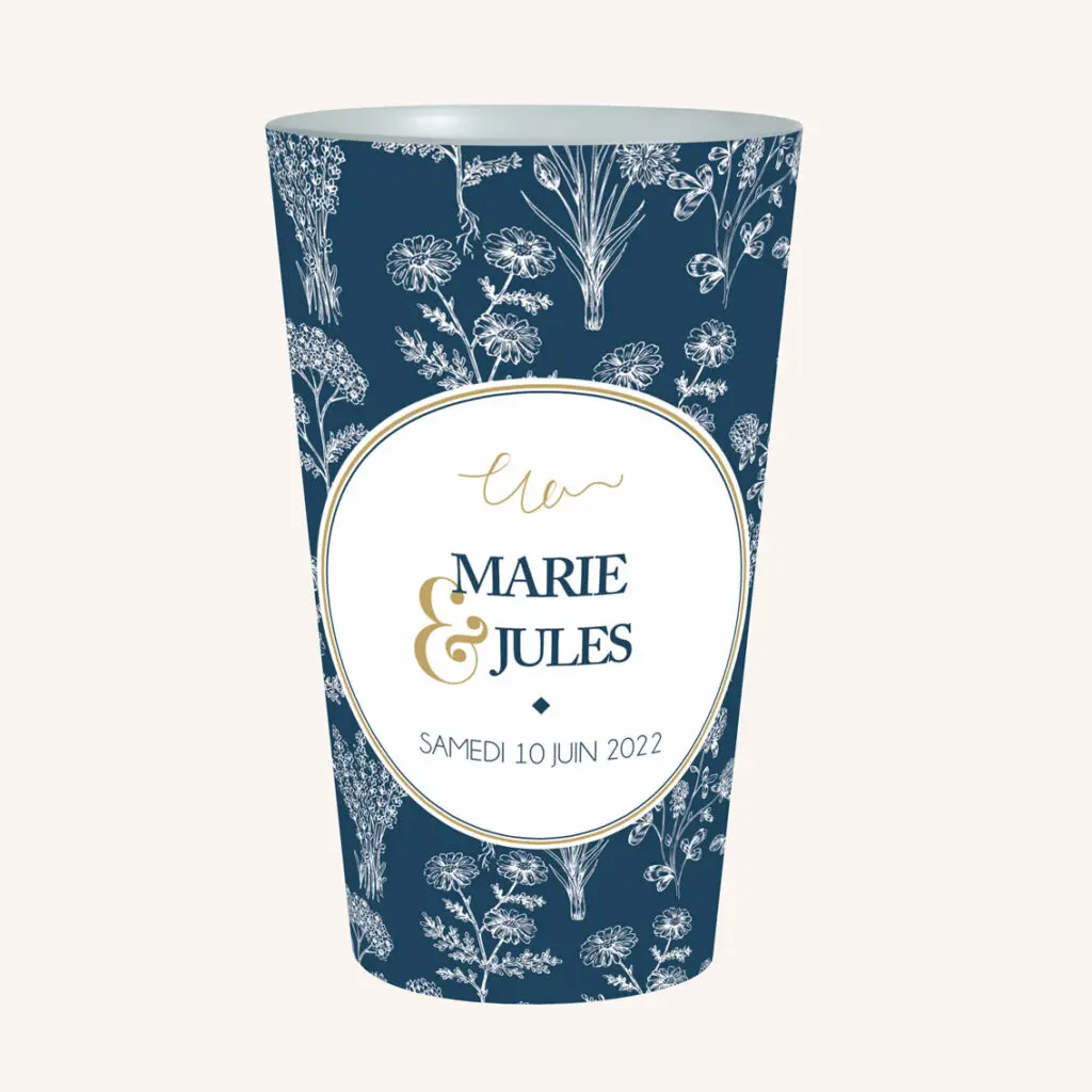 écocup gobelet réutilisable mariage bleu marine, fleurs, doré et or