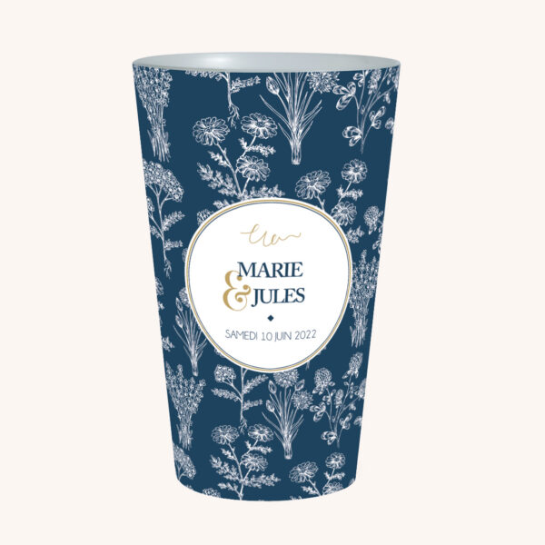 écocup gobelet réutilisable mariage bleu marine, fleurs, doré et or