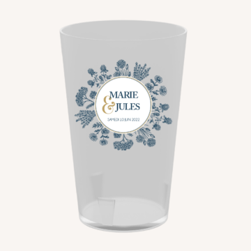 écocup gobelet réutilisable mariage bleu marine, fleurs, doré et or