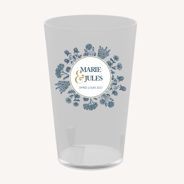 écocup gobelet réutilisable mariage bleu marine, fleurs, doré et or