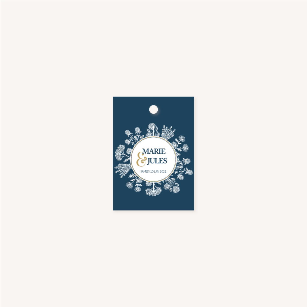 étiquette papier mariage bleu marine, élégant, dore, or, fleurs