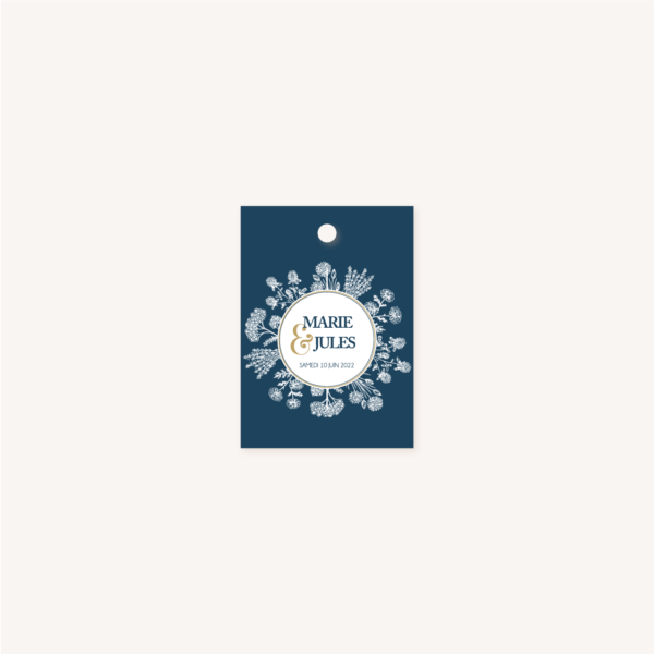 étiquette papier mariage bleu marine, élégant, dore, or, fleurs