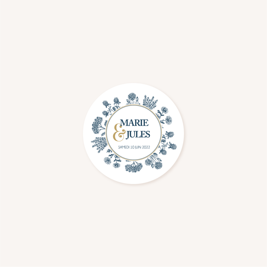 étiquette adhésive mariage bleu marine, élégant, dore, or, fleurs
