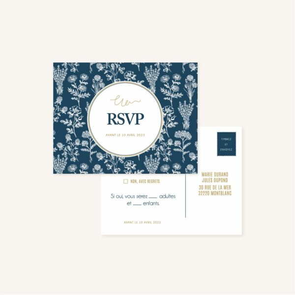 RSVP mariage bleu marine, élégant, dore, or, fleurs