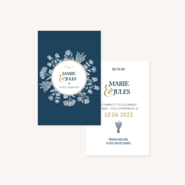 save the date mariage bleu marine, élégant, dore, or, fleurs