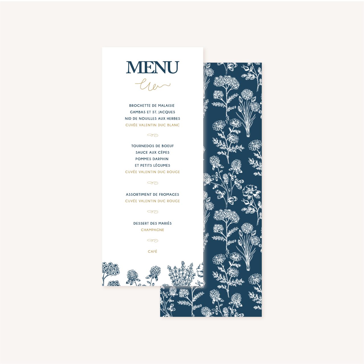 menu individuel mariage bleu marine, élégant, dore, or, fleurs