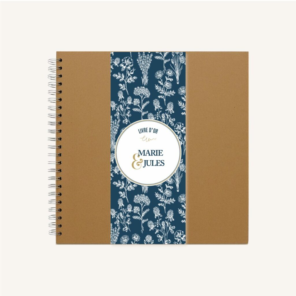 livre d'or mariage bleu marine, élégant, dore, or, fleurs