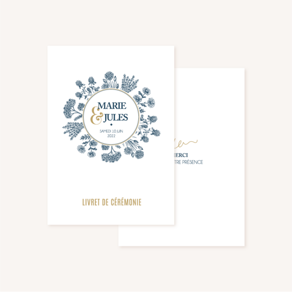 livret de cérémonie mariage bleu marine, élégant, dore, or, fleurs