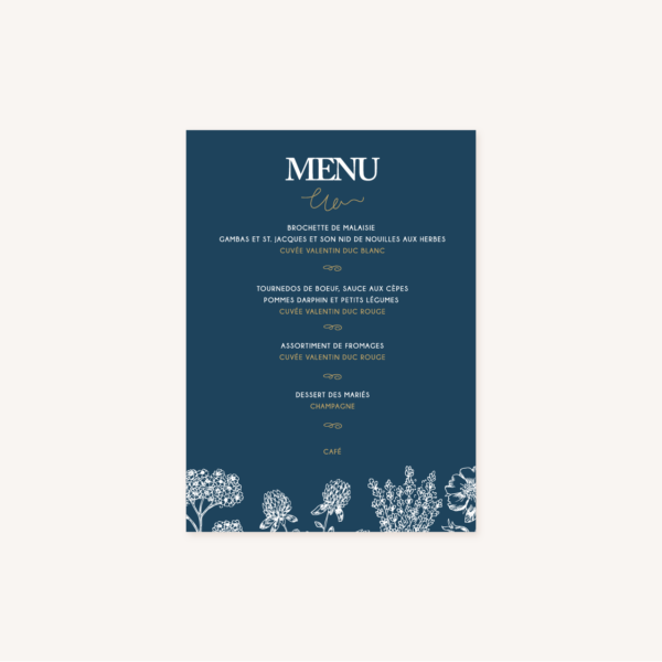 menu mariage bleu marine, élégant, dore, or, fleurs