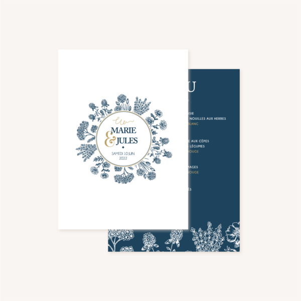 menu mariage bleu marine, élégant, dore, or, fleurs