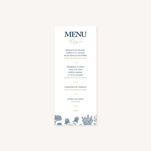 menu individuel mariage bleu marine, élégant, dore, or, fleurs