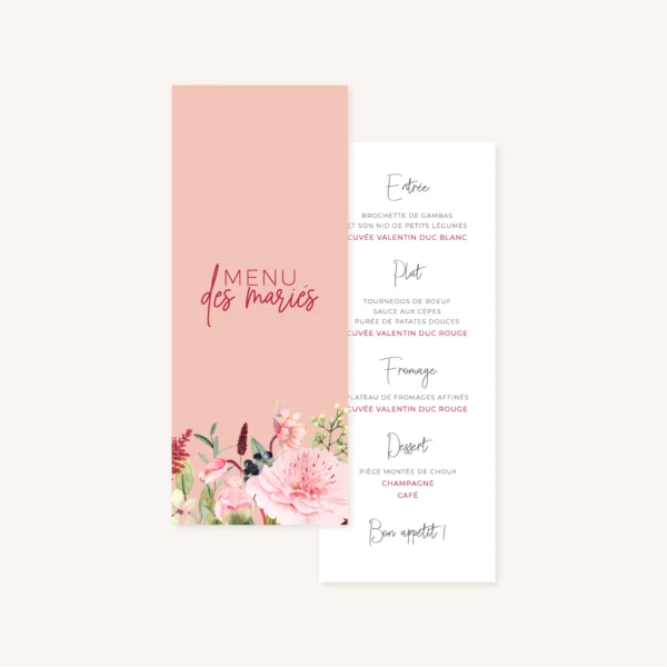 Menu individuel pivoine fleur rose rouge