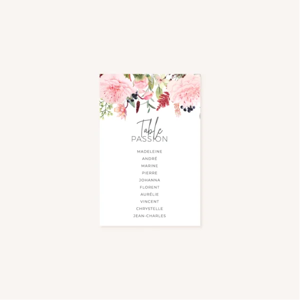 Plan de table pivoine fleur rose rouge