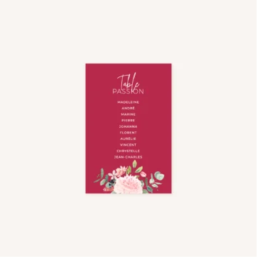 Plan de table pivoine fleur rose rouge