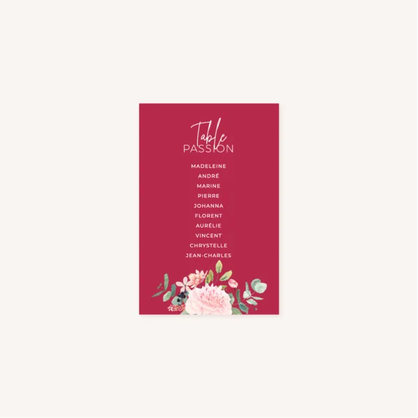 Plan de table pivoine fleur rose rouge