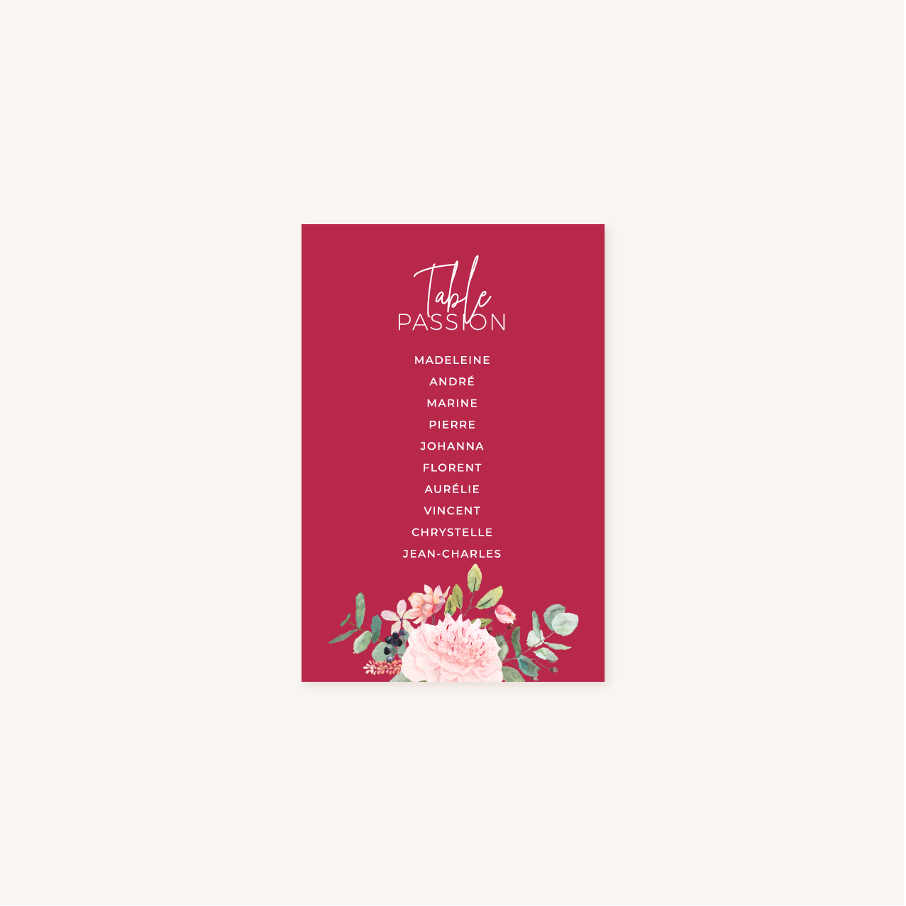 Plan de table pivoine fleur rose rouge