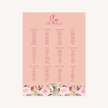 Panneau plan de table pivoine fleur rose rouge